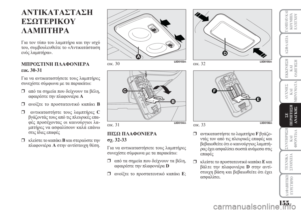 Lancia Musa 2011  ΒΙΒΛΙΟ ΧΡΗΣΗΣ ΚΑΙ ΣΥΝΤΗΡΗΣΗΣ (in Greek) ΑΣΦΑΛΕΙΑ
ΕΚΚΙΝΗΣΗ
ΚΑΙ
ΟΔΗΓΗΣΗ
ΛΥΧΝΙΕΣ
ΚΑΙ
ΜΗΝΥΜΑΤΑ
ΣΥΝΤΗΡΗΣΗ
ΚΑΙ
ΦΡΟΝΤΙΔΑ
ΤΑΜΠΛΌ ΚΑΙ
ΚΟΥΜΠΙΆ
ΕΛΈΓΧΟΥ
ΤΕΧΝΙΚ