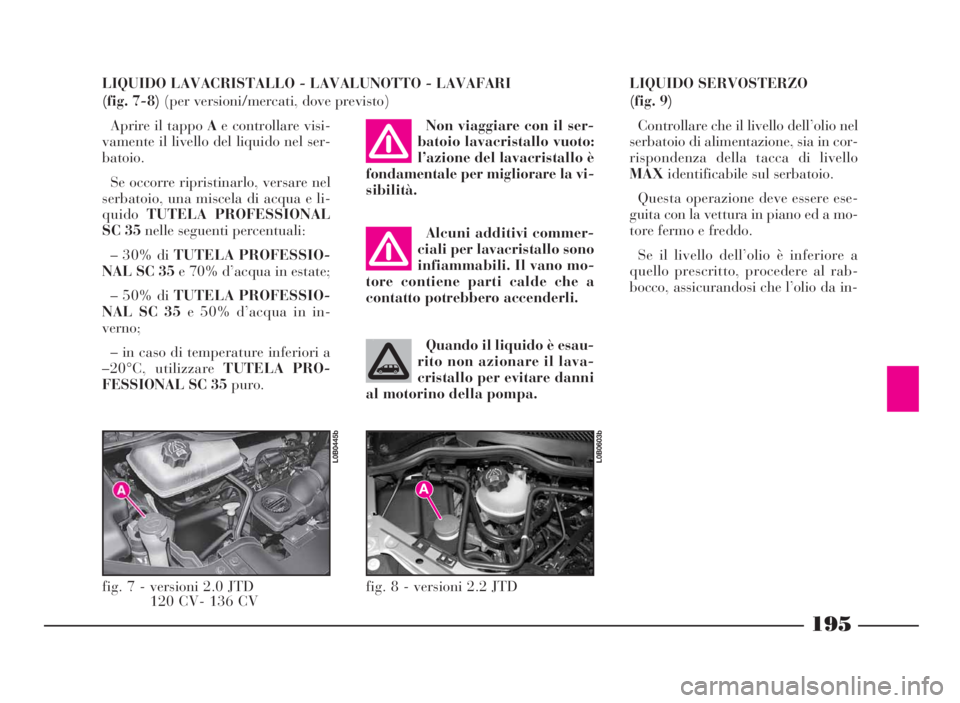 Lancia Phedra 2010 Libretto Uso Manutenzione (in Italian) 195
LIQUIDO LAVACRISTALLO - LAVALUNOTTO - LAVAFARI
(fig. 7-8) (per versioni/mercati, dove previsto)
Aprire il tappo Ae controllare visi-
vamente il livello del liquido nel ser-
batoio.
Se occorre rip Lancia Phedra 2010 Libretto Uso Manutenzione (in Italian) 195
LIQUIDO LAVACRISTALLO - LAVALUNOTTO - LAVAFARI
(fig. 7-8) (per versioni/mercati, dove previsto)
Aprire il tappo Ae controllare visi-
vamente il livello del liquido nel ser-
batoio.
Se occorre rip