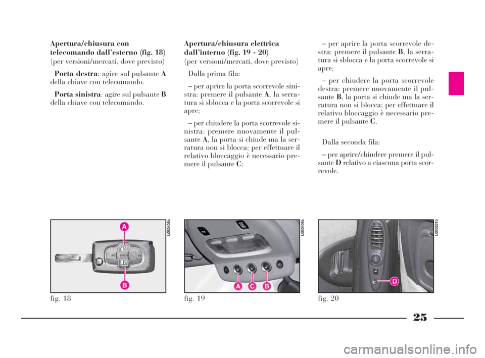Lancia Phedra 2010  Libretto Uso Manutenzione (in Italian) 25
Apertura/chiusura con
telecomando dall’esterno (fig. 18)
(per versioni/mercati, dove previsto)
Porta destra: agire sul pulsante A
della chiave con telecomando.
Porta sinistra: agire sul pulsante 