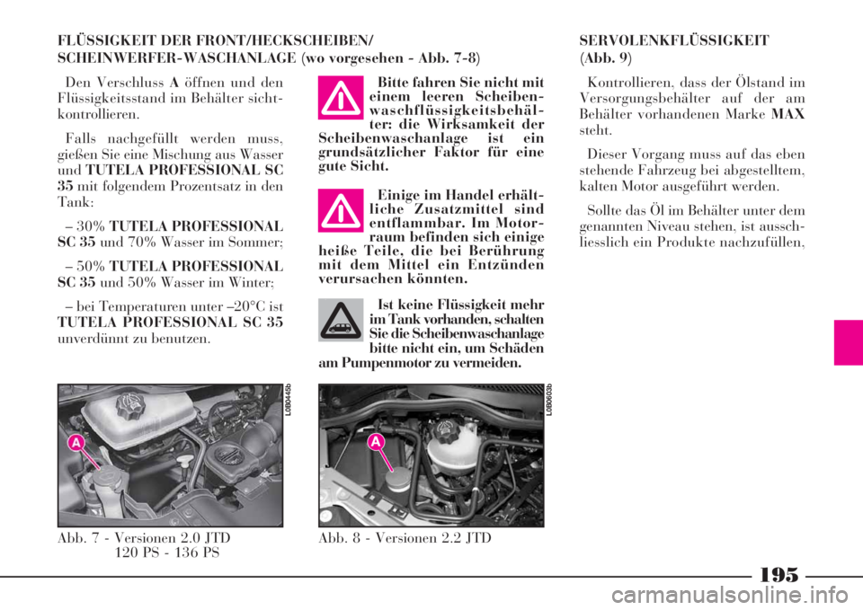 Lancia Phedra 2008 Manual de Empleo y Cuidado (in Spanish) 195
FLÜSSIGKEIT DER FRONT/HECKSCHEIBEN/
SCHEINWERFER-WASCHANLAGE (wo vorgesehen - Abb. 7-8)
Den Verschluss Aöffnen und den
Flüssigkeitsstand im Behälter sicht-
kontrollieren.
Falls nachgefüllt we Lancia Phedra 2008 Manual de Empleo y Cuidado (in Spanish) 195
FLÜSSIGKEIT DER FRONT/HECKSCHEIBEN/
SCHEINWERFER-WASCHANLAGE (wo vorgesehen - Abb. 7-8)
Den Verschluss Aöffnen und den
Flüssigkeitsstand im Behälter sicht-
kontrollieren.
Falls nachgefüllt we