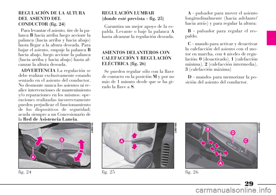 Lancia Phedra 2008  Manual de Empleo y Cuidado (in Spanish) 29
REGULACIÓN LUMBAR
(donde esté prevista - fig. 25)
Garantiza un mejor apoyo de la es-
palda. Levante o baje la palanca A
hasta alcanzar la regulación deseada.
ASIENTOS DELANTEROS CON
CALEFACCIÓN