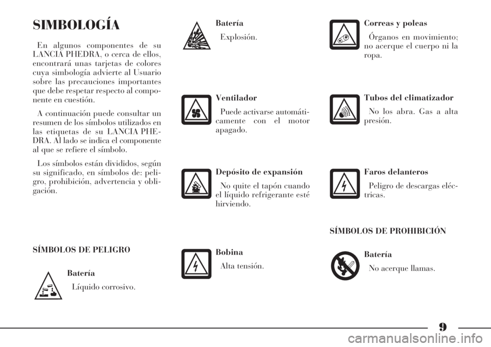Lancia Phedra 2008 Manual de Empleo y Cuidado (in Spanish) 9
Batería
Líquido corrosivo.
SIMBOLOGÍA
En algunos componentes de su
LANCIA PHEDRA, o cerca de ellos,
encontrará unas tarjetas de colores
cuya simbología advierte al Usuario
sobre las precaucione Lancia Phedra 2008 Manual de Empleo y Cuidado (in Spanish) 9
Batería
Líquido corrosivo.
SIMBOLOGÍA
En algunos componentes de su
LANCIA PHEDRA, o cerca de ellos,
encontrará unas tarjetas de colores
cuya simbología advierte al Usuario
sobre las precaucione