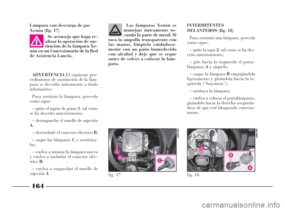 Lancia Phedra 2009  Manual de Empleo y Cuidado (in Spanish) Lámpara con descarga de gas
Xenón (fig. 17)
Se aconseja que haga re-
alizar la operación de sus-
titución de la lámpara Xe-
nón en un Concesionario de la Red
de Asistencia Lancia.
ADVERTENCIAEl 