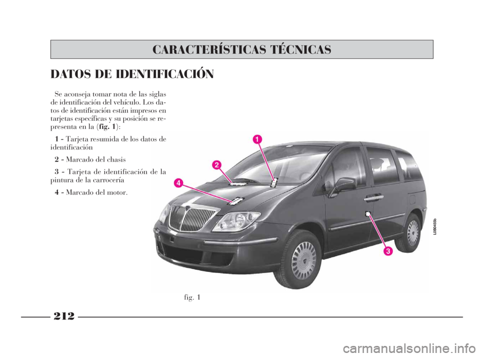 Lancia Phedra 2009  Manual de Empleo y Cuidado (in Spanish) fig. 1
L0B0455b
CARACTERÍSTICAS TÉCNICAS
212
Se aconseja tomar nota de las siglas
de identificación del vehículo. Los da-
tos de identificación están impresos en
tarjetas específicas y su posic