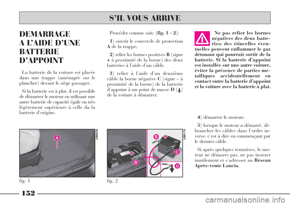 Lancia Phedra 2008  Notice dentretien (in French) DEMARRAGE
A L’AIDE D’UNE
BATTERIE
D’APPOINT
La batterie de la voiture est placée
dans une trappe (aménagée sur le
plancher) devant le siège passager.
Si la batterie est à plat, il est possi