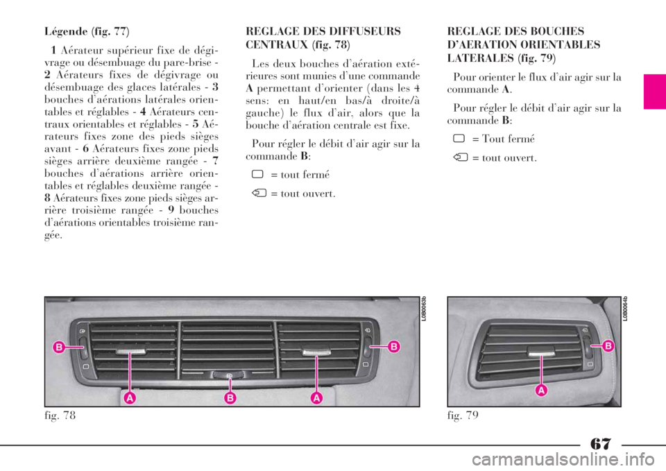 Lancia Phedra 2008  Notice dentretien (in French) 67
Légende (fig. 77)
1Aérateur supérieur fixe de dégi-
vrage ou désembuage du pare-brise -
2Aérateurs fixes de dégivrage ou
désembuage des glaces latérales - 3
bouches d’aérations latéral