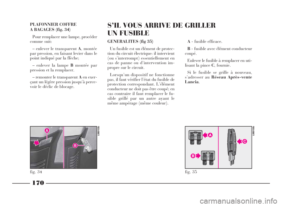 Lancia Phedra 2010  Notice dentretien (in French) PLAFONNIER COFFRE
A BAGAGES (fig. 34)
Pour remplacer une lampe, procéder
comme suit:
– enlever le transparentA, montée
par pression, en faisant levier dans le
point indiqué par la flèche;
– en