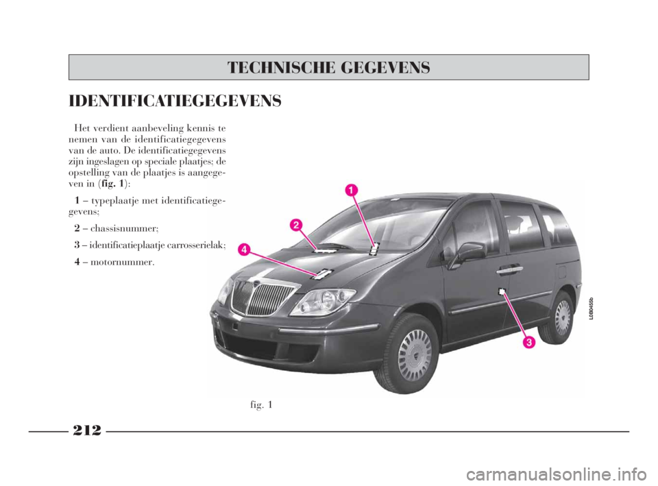 Lancia Phedra 2010  Instructieboek (in Dutch) fig. 1
L0B0455b
TECHNISCHE GEGEVENS
212
Het verdient aanbeveling kennis te
nemen van de identificatiegegevens
van de auto. De identificatiegegevens
zijn ingeslagen op speciale plaatjes; de
opstelling 