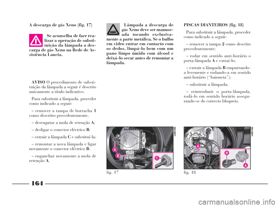 Lancia Phedra 2010  Manual de Uso e Manutenção (in Portuguese) A descarga de gás Xeno (fig. 17)
Se aconselha de faer rea-
lizar a operação de substi-
tuição da lâmpada a des-
carga de gás Xeno na Rede de As-
sistência Lancia. 
AVISOO procedimento de subst