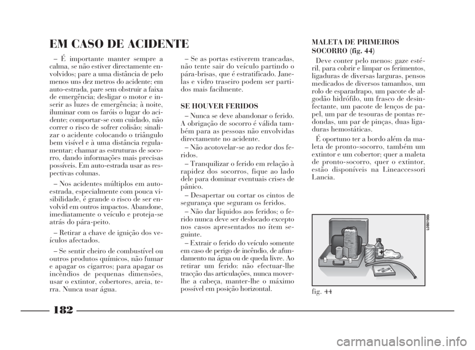 Lancia Phedra 2010  Manual de Uso e Manutenção (in Portuguese) MALETA DE PRIMEIROS
SOCORRO (fig. 44)
Deve conter pelo menos: gaze esté-
ril, para cobrir e limpar os ferimentos,
ligaduras de diversas larguras, pensos
medicados de diversos tamanhos, um
rolo de esp