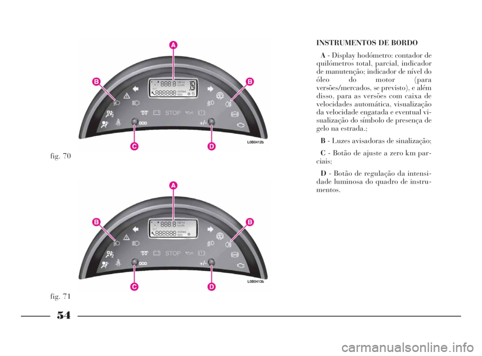 Lancia Phedra 2010  Manual de Uso e Manutenção (in Portuguese) 54
INSTRUMENTOS DE BORDO
A- Display hodómetro: contador de
quilómetros total, parcial, indicador
de manutenção; indicador de nível do
óleo do motor (para
versões/mercados, se previsto), e além