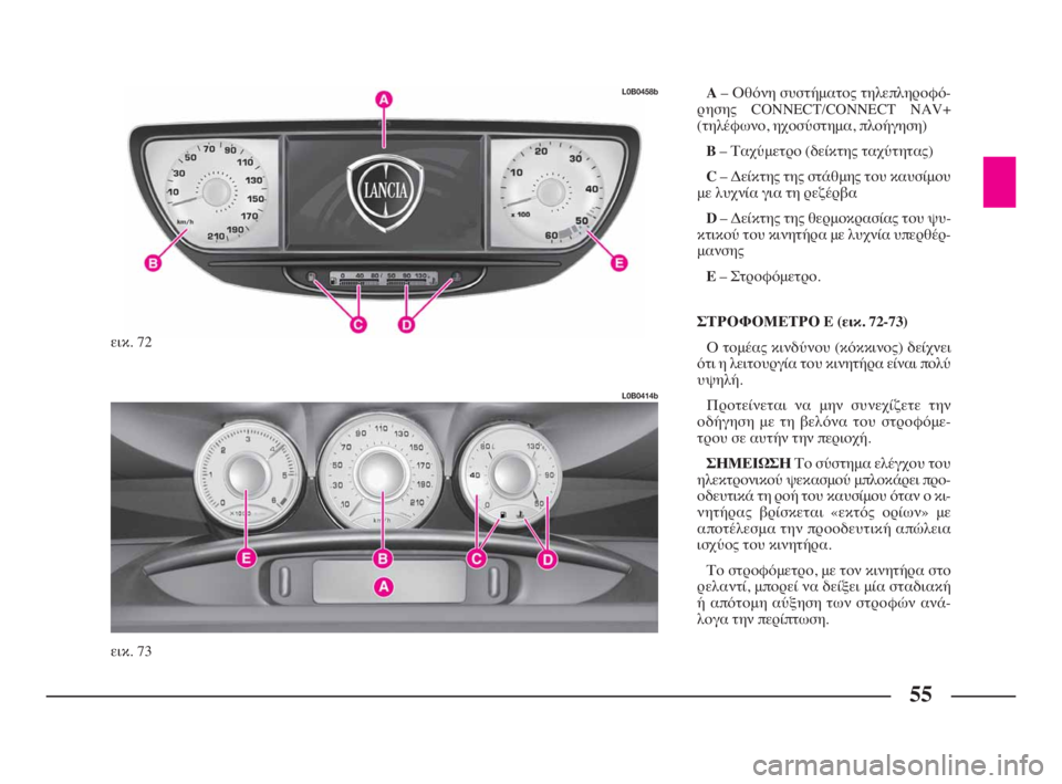 Lancia Phedra 2010  ΒΙΒΛΙΟ ΧΡΗΣΗΣ ΚΑΙ ΣΥΝΤΗΡΗΣΗΣ (in Greek) 55
A– Οθόνη συστήματος τηλεπληροφό-
ρησης CONNECT/CONNECT NAV+ 
(τηλέφωνο, ηχοσύστημα, πλοήγηση)
B– Ταχύμετρο (δείκτης τα