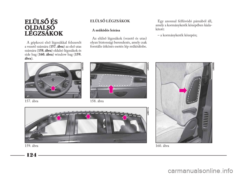 Lancia Phedra 2010  Kezelési és karbantartási útmutató (in Hungarian) 124
ELÜLSŐ ÉS
OLDALSÓ
LÉGZSÁKOK 
A gépkocsi első légzsákkal felszerelt
a vezető számára (157. ábra) az első utas
számára (158. ábra) oldalsó légzsákok és
side bag (160. ábra) wi