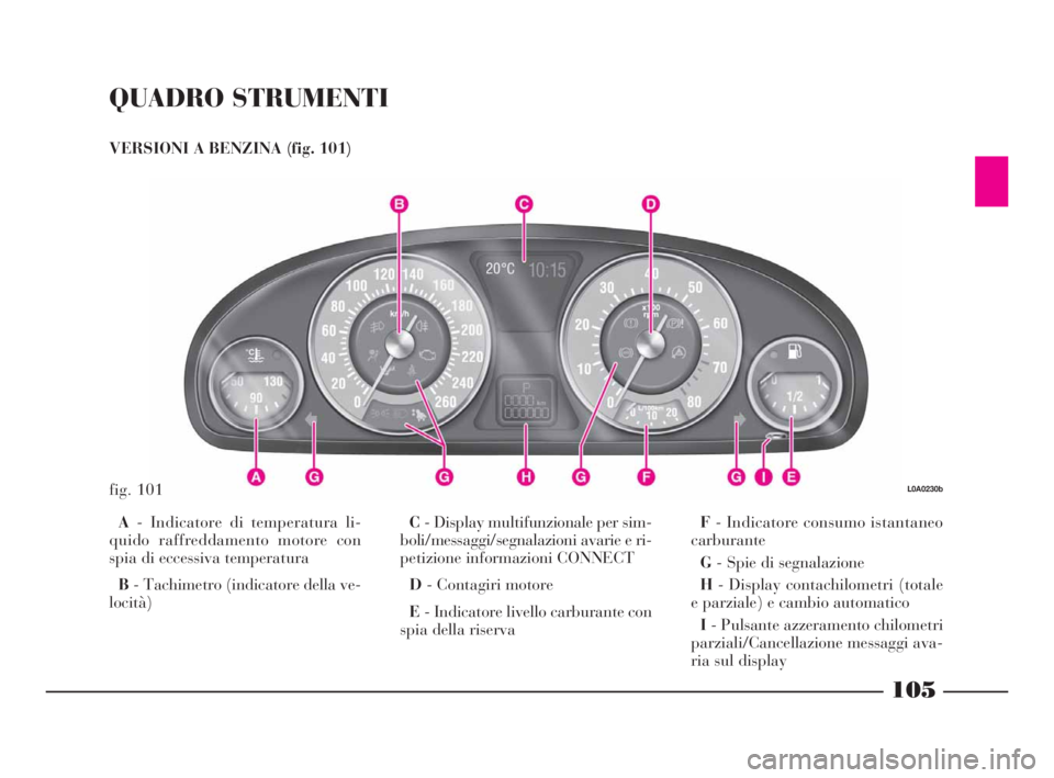 Lancia Thesis 2008  Libretto Uso Manutenzione (in Italian) QUADRO STRUMENTI
VERSIONI A BENZINA (fig. 101)
A- Indicatore di temperatura li-
quido raffreddamento motore con
spia di eccessiva temperatura 
B- Tachimetro (indicatore della ve-
locità)C- Display mu