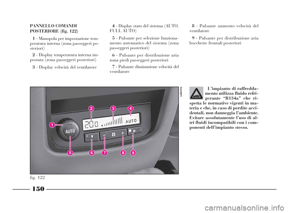 Lancia Thesis 2008  Libretto Uso Manutenzione (in Italian) 150
L’impianto di raffredda-
mento utilizza fluido refri-
gerante “R134a” che ri-
spetta le normative vigenti in ma-
teria e che, in caso di perdite acci-
dentali, non danneggia l’ambiente.
Ev