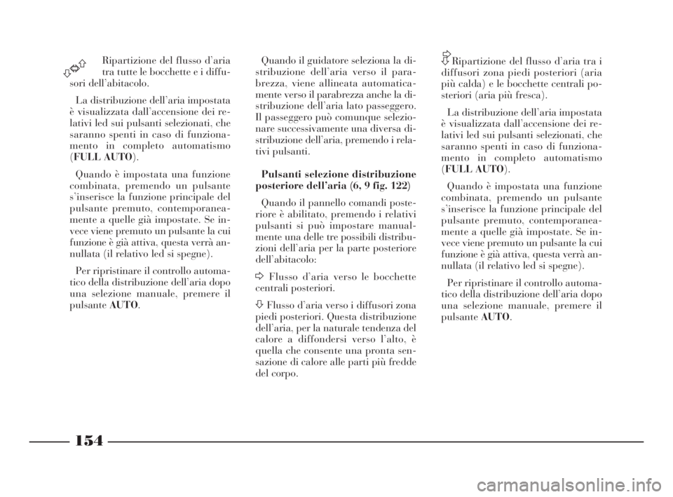 Lancia Thesis 2009  Libretto Uso Manutenzione (in Italian) 154
Ripartizione del flusso d’aria
tra tutte le bocchette e i diffu-
sori dell’abitacolo.
La distribuzione dell’aria impostata
è visualizzata dall’accensione dei re-
lativi led sui pulsanti s