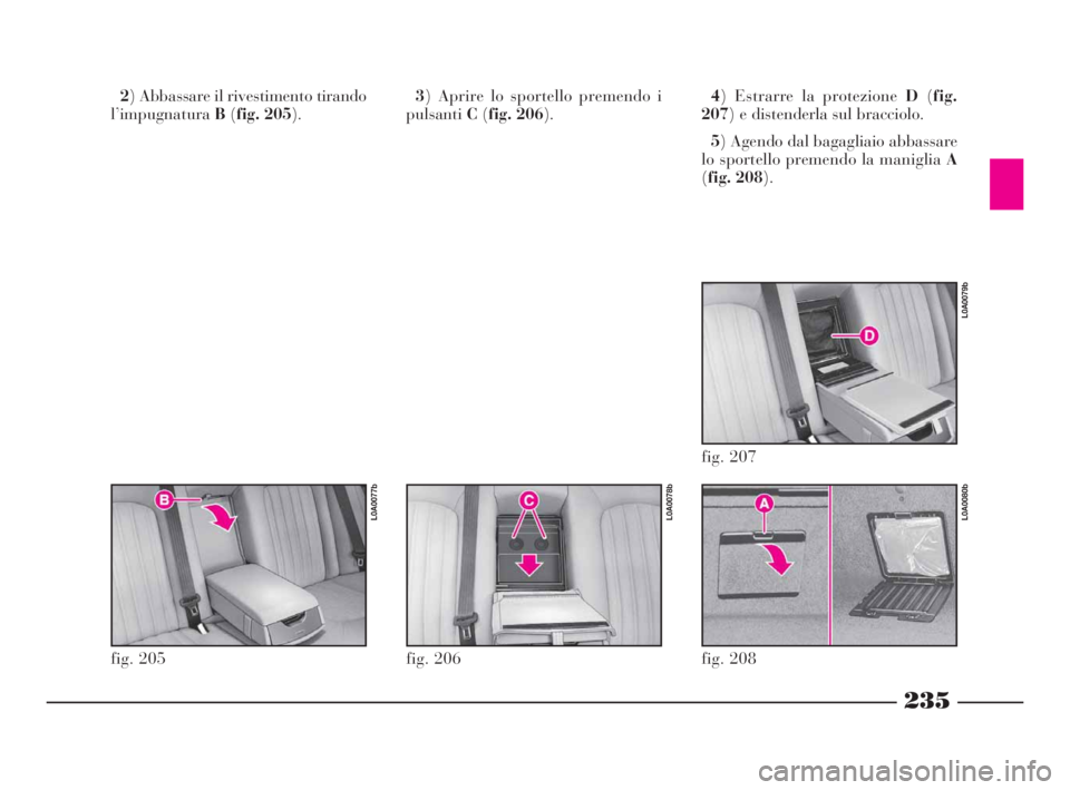 Lancia Thesis 2008  Libretto Uso Manutenzione (in Italian) 235
2) Abbassare il rivestimento tirando
l’impugnaturaB(fig. 205).3) Aprire lo sportello premendo i
pulsantiC(fig. 206).4) Estrarre la protezione D(fig.
207) e distenderla sul bracciolo.
5) Agendo d