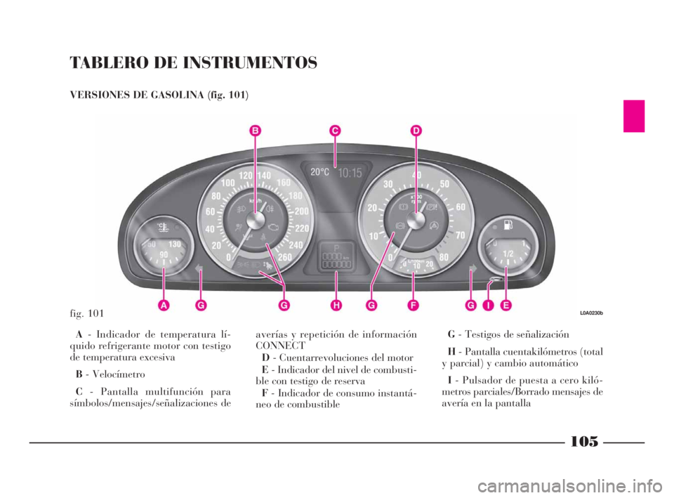Lancia Thesis 2008  Manual de Empleo y Cuidado (in Spanish) TABLERO DE INSTRUMENTOS
VERSIONES DE GASOLINA (fig. 101)
A- Indicador de temperatura lí-
quido refrigerante motor con testigo
de temperatura excesiva 
B- Velocímetro
C- Pantalla multifunción para 
