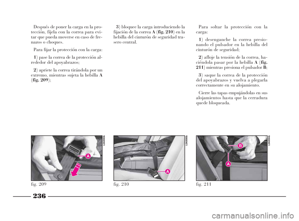 Lancia Thesis 2008  Manual de Empleo y Cuidado (in Spanish) 236
fig. 211
L0A0094b
Después de poner la carga en la pro-
tección, fíjela con la correa para evi-
tar que pueda moverse en caso de fre-
nazos o choques.
Para fijar la protección con la carga:
1) 