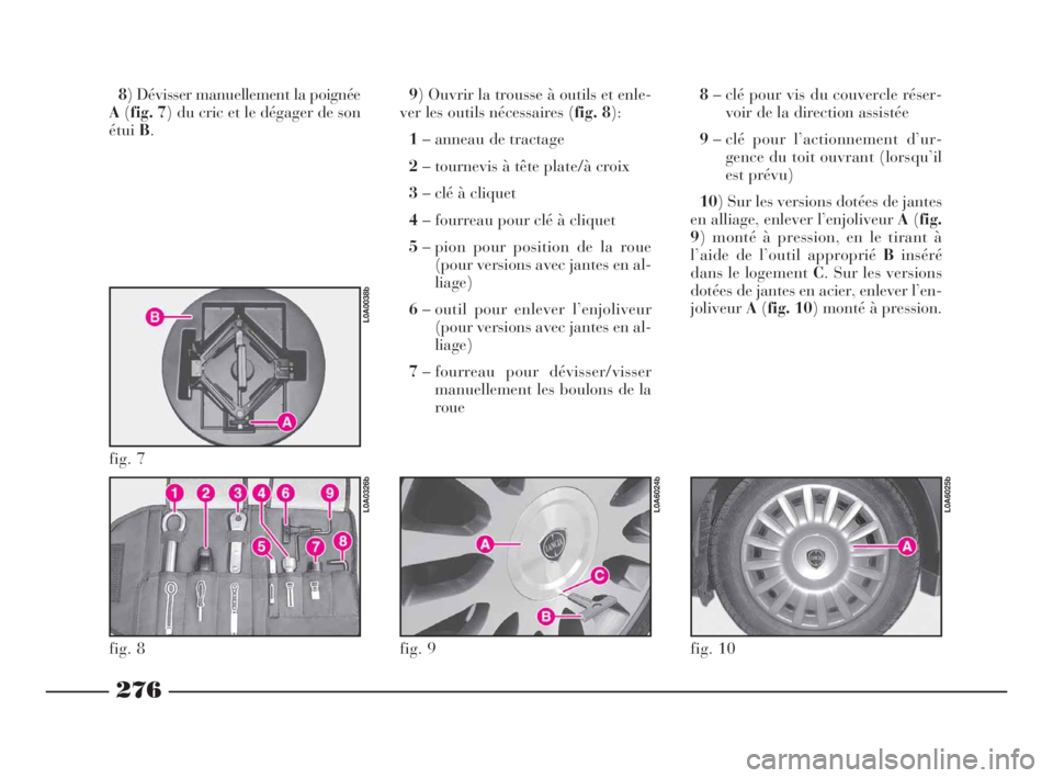 Lancia Thesis 2009 Notice dentretien (in French) 276
8) Dévisser manuellement la poignée
A(fig. 7) du cric et le dégager de son
étuiB.9) Ouvrir la trousse à outils et enle-
ver les outils nécessaires (fig. 8):
1– anneau de tractage
2– tou Lancia Thesis 2009 Notice dentretien (in French) 276
8) Dévisser manuellement la poignée
A(fig. 7) du cric et le dégager de son
étuiB.9) Ouvrir la trousse à outils et enle-
ver les outils nécessaires (fig. 8):
1– anneau de tractage
2– tou