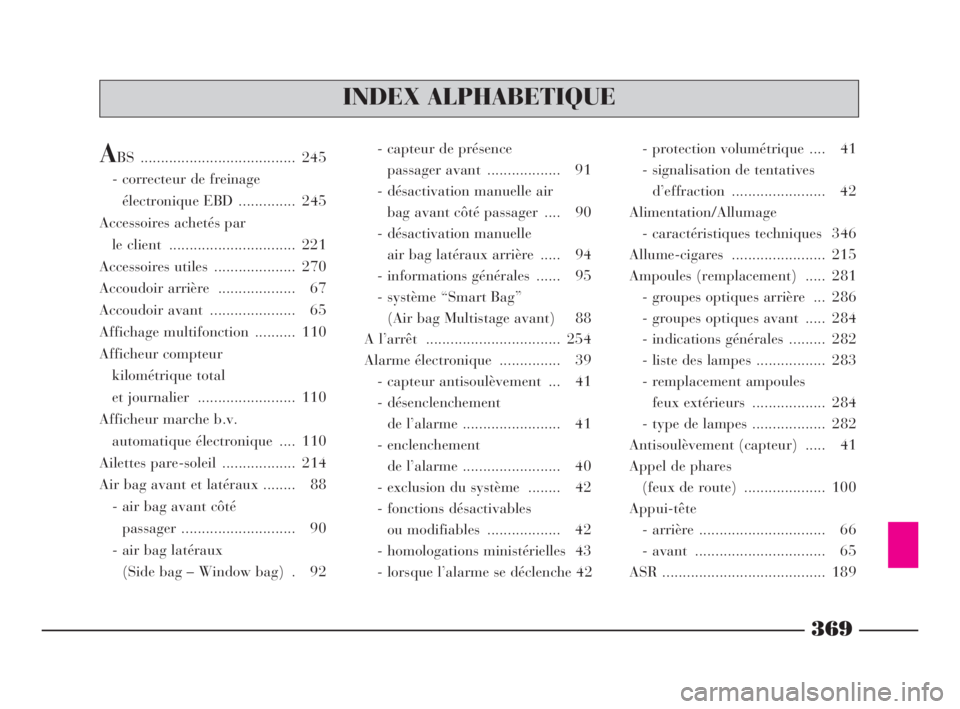 Lancia Thesis 2009 Notice dentretien (in French) 369
INDEX ALPHABETIQUE
ABS ...................................... 245
- correcteur de freinage
électronique EBD .............. 245
Accessoires achetés par
le client ............................. Lancia Thesis 2009 Notice dentretien (in French) 369
INDEX ALPHABETIQUE
ABS ...................................... 245
- correcteur de freinage
électronique EBD .............. 245
Accessoires achetés par
le client .............................