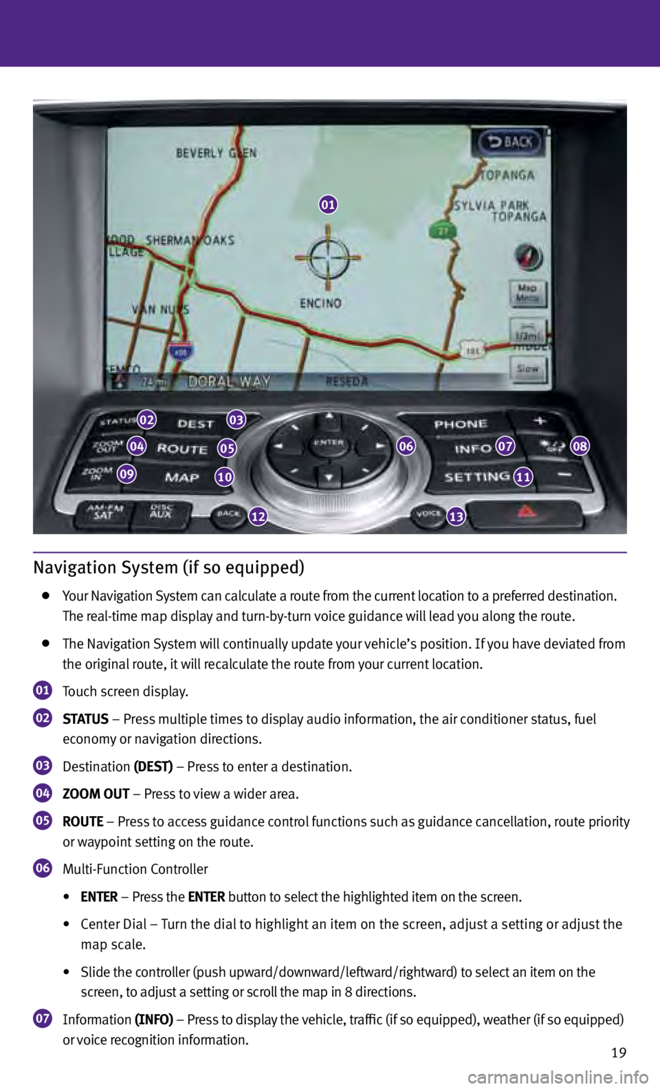 INFINITI G CONVERTIBLE 2013  Quick Reference Guide 19
Navigation System (if so equipped) 
  your Nav igation System can calculate a route from the current location to a preferred destination. 
 

 
T
 he real-time map display and turn-by-turn voice gu