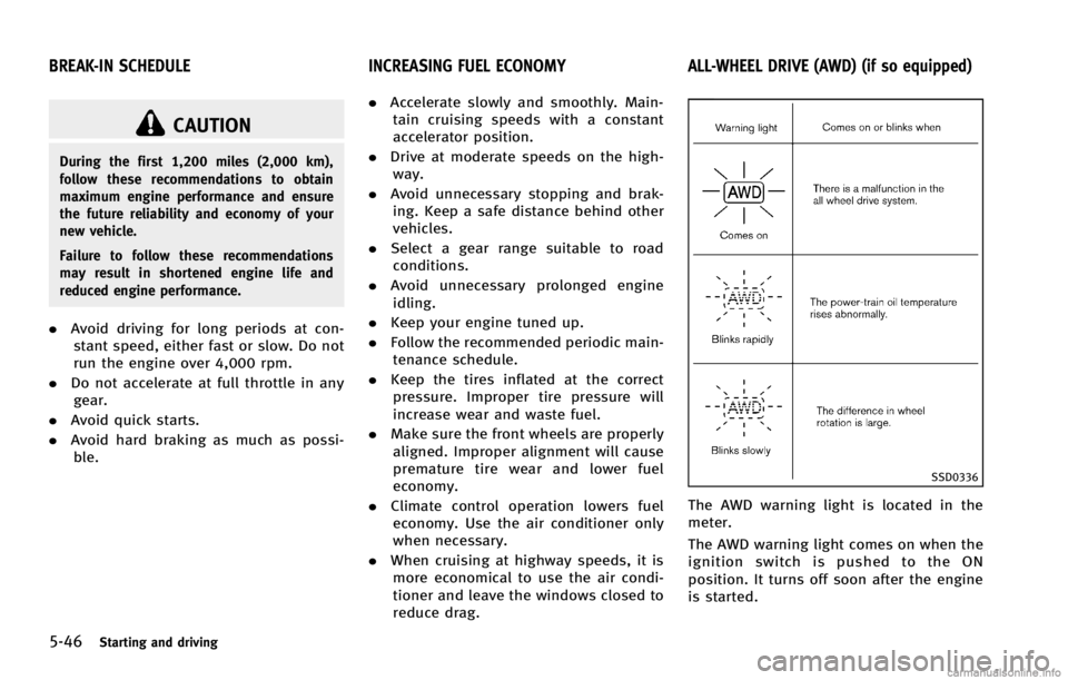 INFINITI G COUPE 2013  Owners Manual 5-46Starting and driving
GUID-742506CE-AA4A-4501-A4C7-5A0E00772DE6
CAUTION
During the first 1,200 miles (2,000 km),
follow these recommendations to obtain
maximum engine performance and ensure
the fut