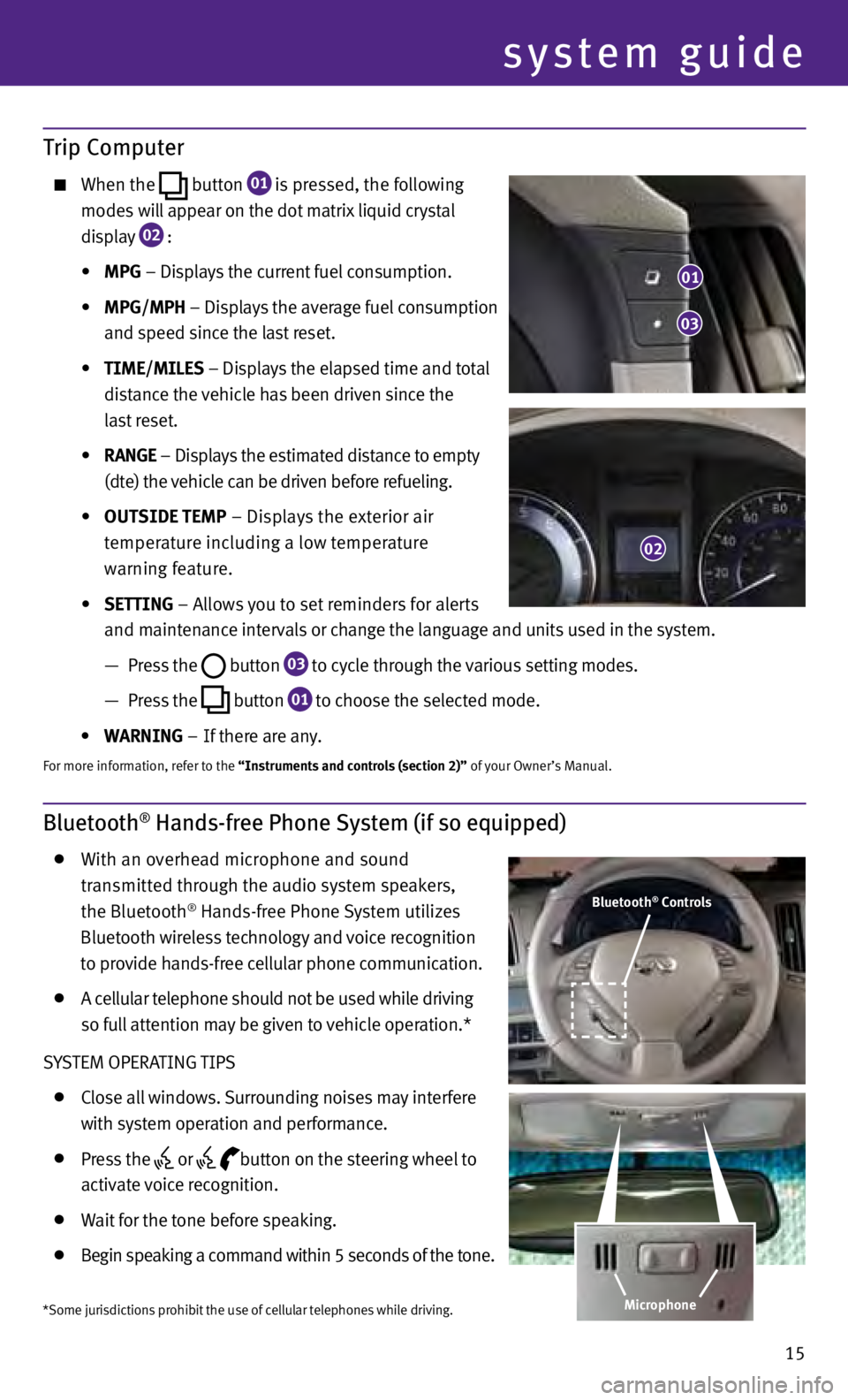 INFINITI G COUPE 2013  Quick Reference Guide 15
Bluetooth® Hands-free Phone System (if so equipped) 
  W
ith an overhead microphone and sound  
 

 
t
 ransmitted through the audio system speakers, 
 

 
the Bluet
 ooth
® Hands-free Phone Syst