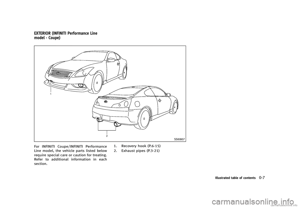 INFINITI G SEDAN 2013  Owners Manual Black plate (13,1)
[ Edit: 2012/ 7/ 6 Model: V36-D ]
GUID-1E4F0232-4B12-4B79-8147-982513185A8C
SSI0807
For INFINITI Coupe/INFINITI Performance
Line model, the vehicle parts listed below
require specia