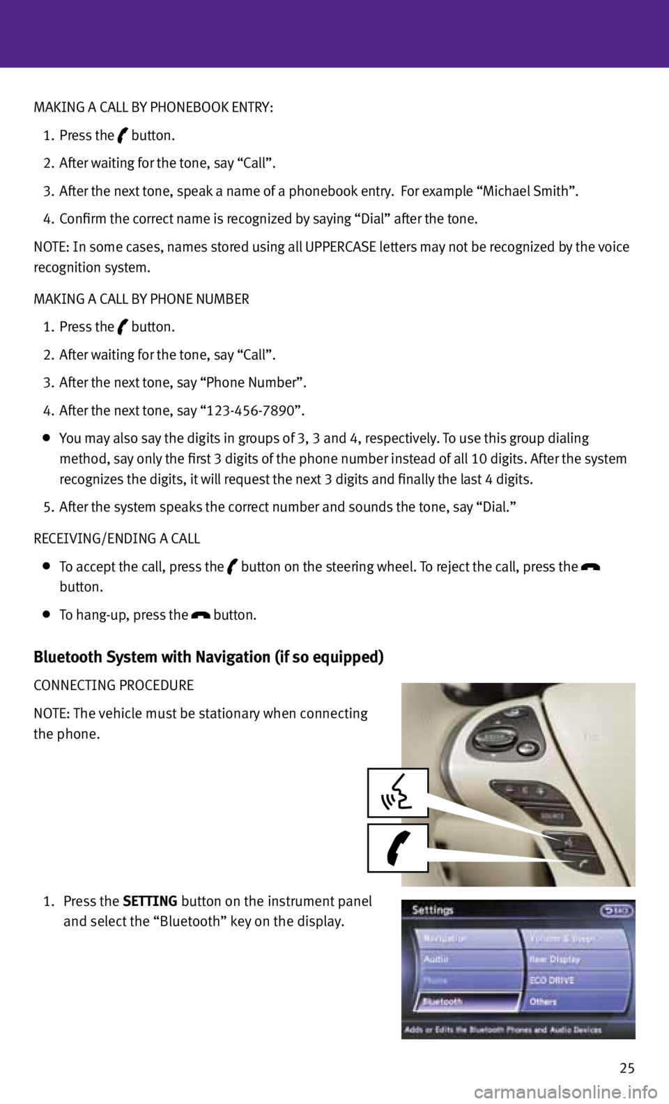 INFINITI JX 2013  Quick Reference Guide 25
MAKING A CALL B
y PHONEBOOK ENTRy:
  1.   Press the
 
 button.
  2.   After waiting for the tone, say “Call”.
  3.   After the next tone, speak a name of a phonebook entry.  f or example “Mic