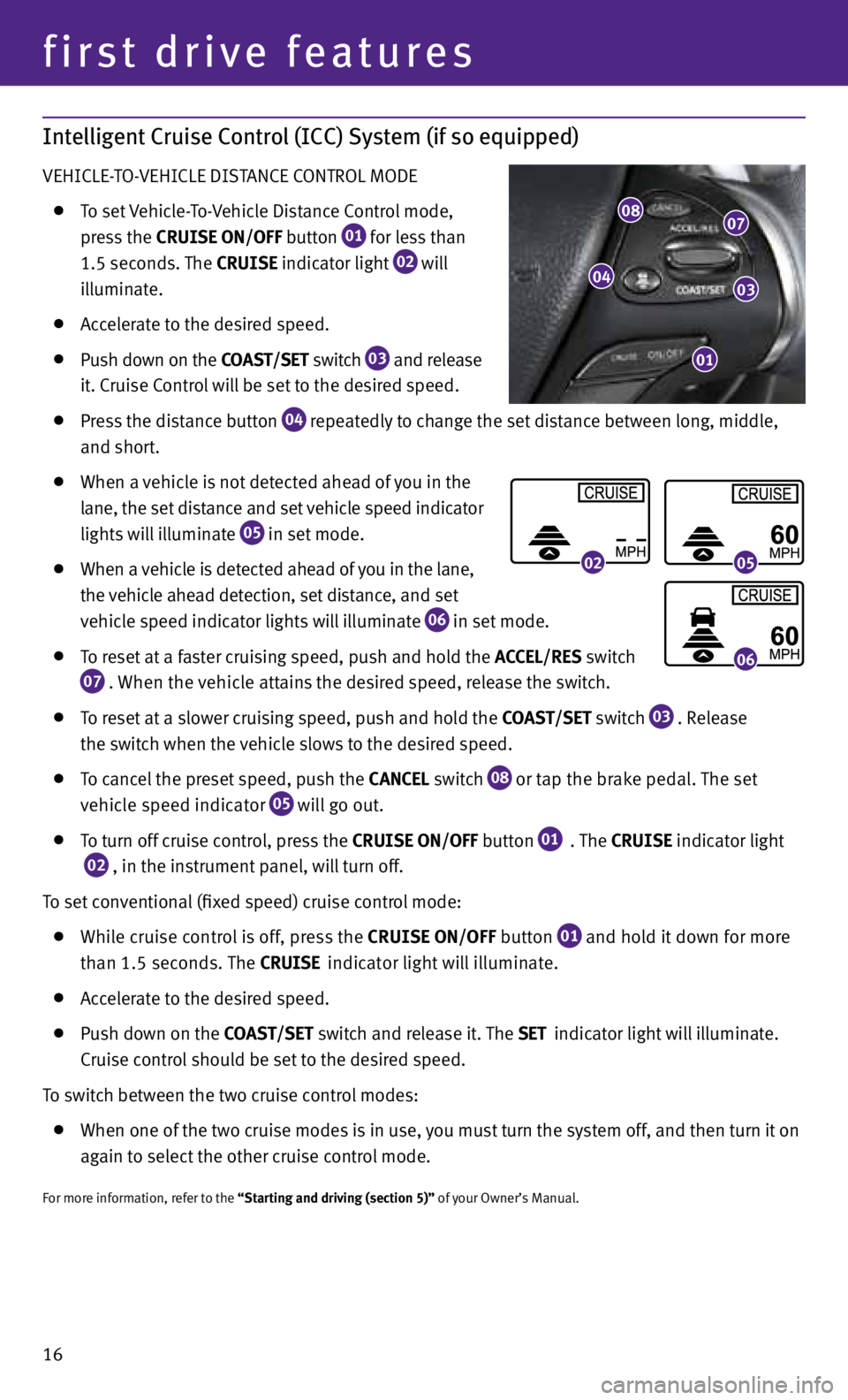 INFINITI M 2013  Quick Reference Guide first drive features
Intelligent Cruise Control (ICC) System (if so equipped)
vehIcLe-t O- vehIcLe  dIStAnce  cOntROL MOde
 
  to set  vehicle- to- vehicle distance c ontrol mode, 
    press the CRUIS