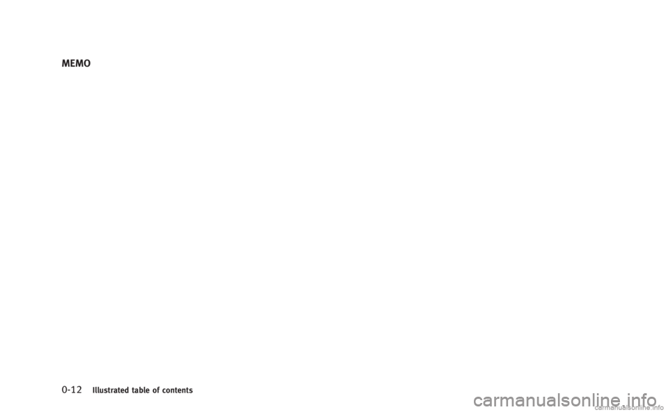 INFINITI M HYBRID 2013  Owners Manual 0-12Illustrated table of contents
MEMO 