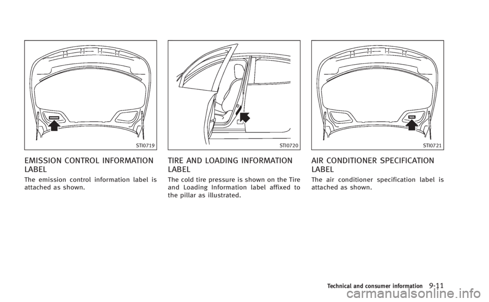 INFINITI M HYBRID 2013  Owners Manual STI0719
EMISSION CONTROL INFORMATION
LABEL
The emission control information label is
attached as shown.
STI0720
TIRE AND LOADING INFORMATION
LABEL
The cold tire pressure is shown on the Tire
and Loadi