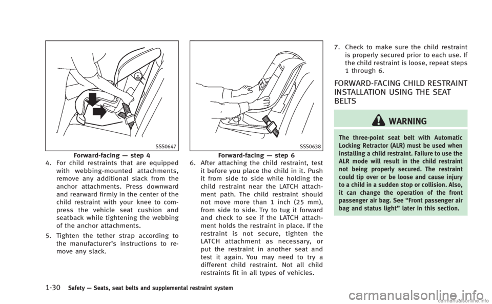 INFINITI M HYBRID 2013 Owners Manual 1-30Safety—Seats, seat belts and supplemental restraint system
SSS0647
Forward-facing —step 4
4. For child restraints that are equipped
with webbing-mounted attachments,
remove any additional slac INFINITI M HYBRID 2013 Owners Manual 1-30Safety—Seats, seat belts and supplemental restraint system
SSS0647
Forward-facing —step 4
4. For child restraints that are equipped
with webbing-mounted attachments,
remove any additional slac