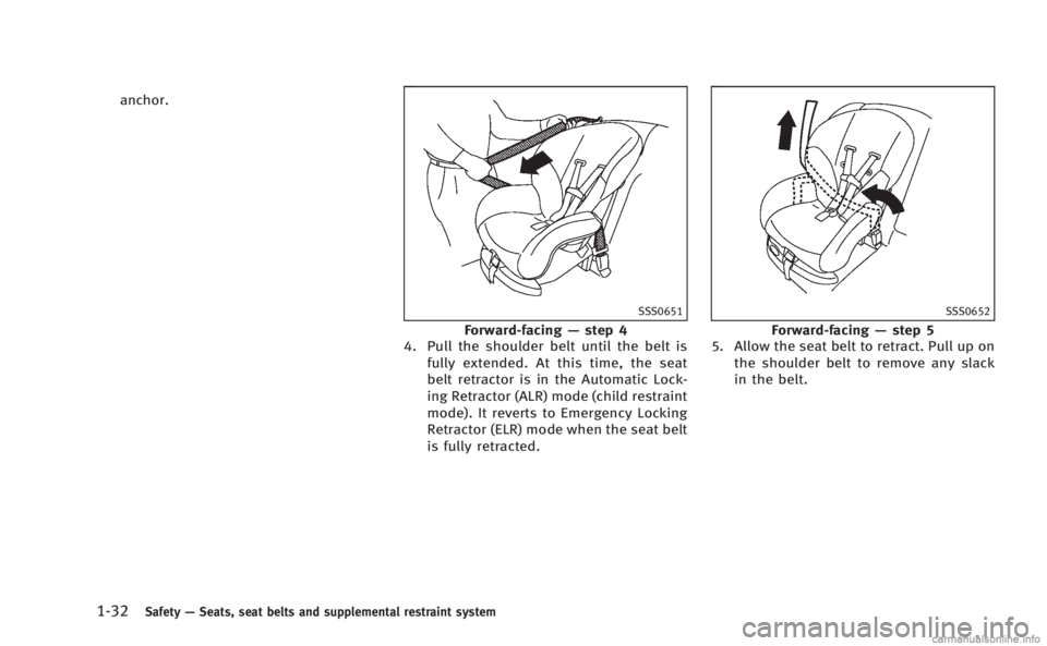 INFINITI M HYBRID 2013  Owners Manual 1-32Safety—Seats, seat belts and supplemental restraint system
anchor.
SSS0651
Forward-facing —step 4
4. Pull the shoulder belt until the belt is
fully extended. At this time, the seat
belt retrac
