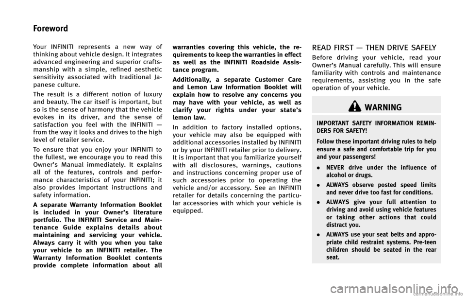INFINITI Q50 2015  Owners Manual �:�P�V�S �*�/��*�/�*�5�* �S�F�Q�S�F�T�F�O�U�T �B �O�F�X �X�B�Z �P�G
�U�I�J�O�L�J�O�H �B�C�P�V�U �W�F�I�J�D�M�F �E�F�T�J�H�O� �*�U �J�O�U�F�H�S�B�U�F�T
�B�E�W�B�O�D�F�E �F�O�H�J�O�F�F�S�J�O�H �B�O�E 