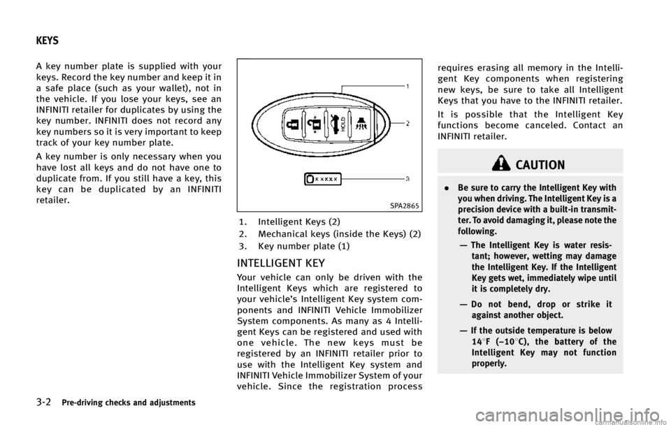 INFINITI Q50 2015  Owners Manual ����1�S�F��E�S�J�W�J�O�H �D�I�F�D�L�T �B�O�E �B�E�K�V�T�U�N�F�O�U�T
�" �L�F�Z �O�V�N�C�F�S �Q�M�B�U�F �J�T �T�V�Q�Q�M�J�F�E �X�J�U�I �Z�P�V�S
�L�F�Z�T� �3�F�D�P�S�E �U�I�F �L�F�Z �O�V�N�C�F�S �B�