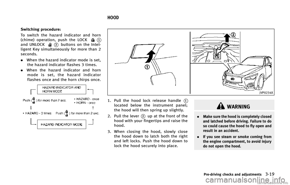 INFINITI Q50 2015  Owners Manual �4�X�J�U�D�I�J�O�H �Q�S�P�D�F�E�V�S�F�
�5�P �T�X�J�U�D�I �U�I�F �I�B�[�B�S�E �J�O�E�J�D�B�U�P�S �B�O�E �I�P�S�O
�	�D�I�J�N�F�
 �P�Q�F�S�B�U�J�P�O�
 �Q�V�T�I �U�I�F �-�0�$�,
*��B�O�E �6�/�-�0�$�,*��