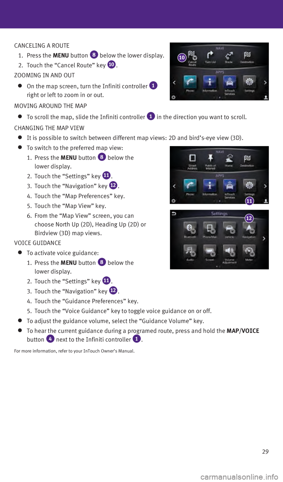 INFINITI Q50 2016  Quick Reference Guide 29
CANCELING A ROUTE
 

1.
 
Press the 

MENU button 
 8 below the lower display.
 2.

 
Touch the “Cancel Route” key 10.
ZOOMING IN AND OUT
    On the map screen, turn the Infiniti controller  1 