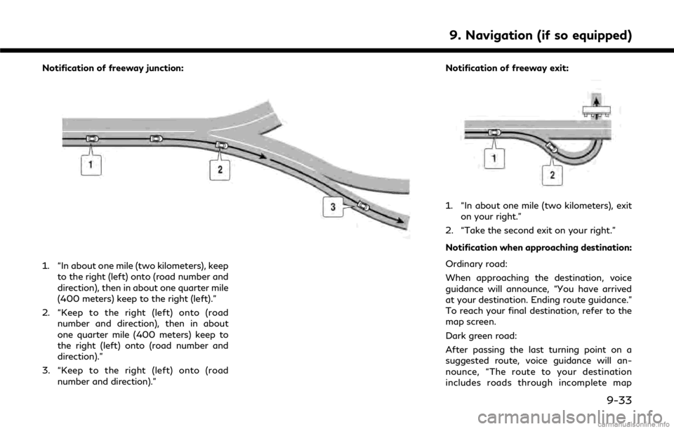INFINITI Q50 HYBRID 2018 Infiniti Intouch Notification of freeway junction:
1. “In about one mile (two kilometers), keepto the right (left) onto (road number and
direction), then in about one quarter mile
(400 meters) keep to the right (lef INFINITI Q50 HYBRID 2018 Infiniti Intouch Notification of freeway junction:
1. “In about one mile (two kilometers), keepto the right (left) onto (road number and
direction), then in about one quarter mile
(400 meters) keep to the right (lef