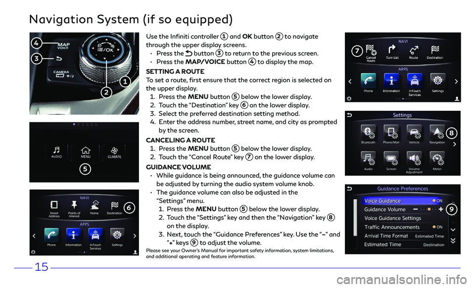 INFINITI Q50 2018  Quick Reference Guide 15
Navigation System (if so equipped)
Use the Infiniti controller  1 and OK button  2 to navigate 
through the upper display screens.
 •     Press  the  button  3 to return to the previous screen.
 