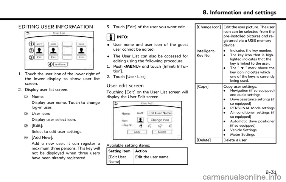 INFINITI QX50 2019  Navigation Manual EDITING USER INFORMATION
1. Touch the user icon of the lower right ofthe lower display to show user list
screen.
2. Display user list screen.
Name:
Display user name. Touch to change
log-in user.
User