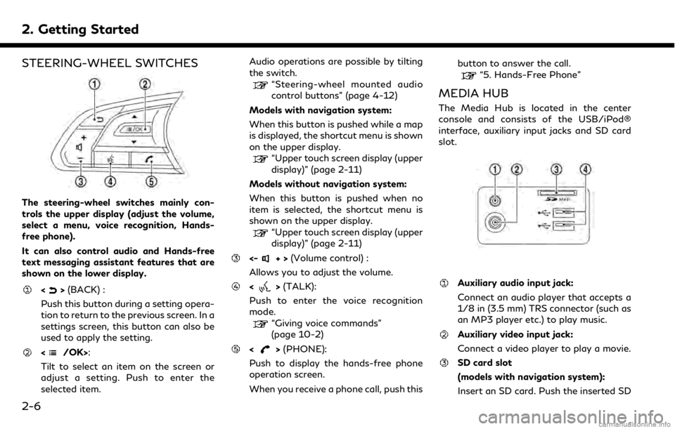 INFINITI QX50 2019  Navigation Manual 2. Getting Started
STEERING-WHEEL SWITCHES
The steering-wheel switches mainly con-
trols the upper display (adjust the volume,
select a menu, voice recognition, Hands-
free phone).
It can also control