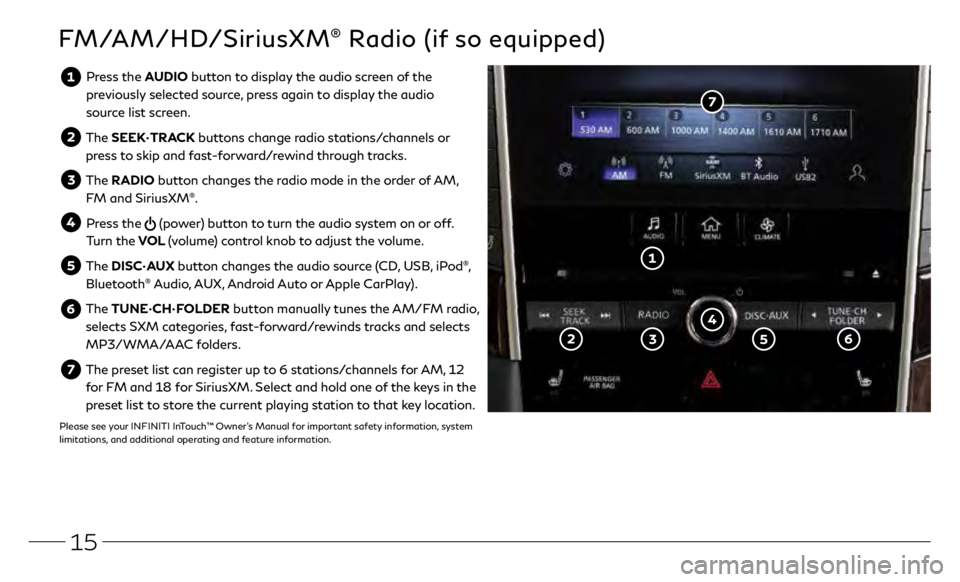 INFINITI Q50 2020 Quick Reference Guide 15
FM/AM/HD/SiriusXM® Radio (if so equipped)
Press the AUDIO button to display the audio screen of the previously selected source, press again to display the audio
source list screen.
The SEEK INFINITI Q50 2020 Quick Reference Guide 15
FM/AM/HD/SiriusXM® Radio (if so equipped)
Press the AUDIO button to display the audio screen of the previously selected source, press again to display the audio
source list screen.
The SEEK