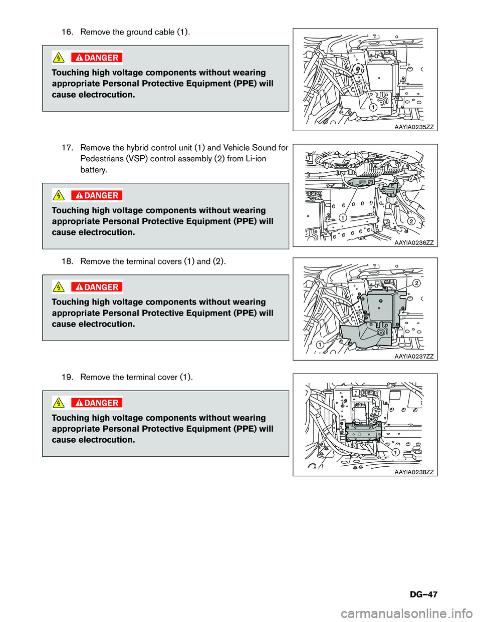 INFINITI Q50 HYBRID 2014  Dismantling Guide 16. Remove the ground cable (1) .
Touching high voltage components without wearing 
appropriate Personal Protective Equipment (PPE) will
cause electrocution.17. Remove the hybrid control unit (1) and 