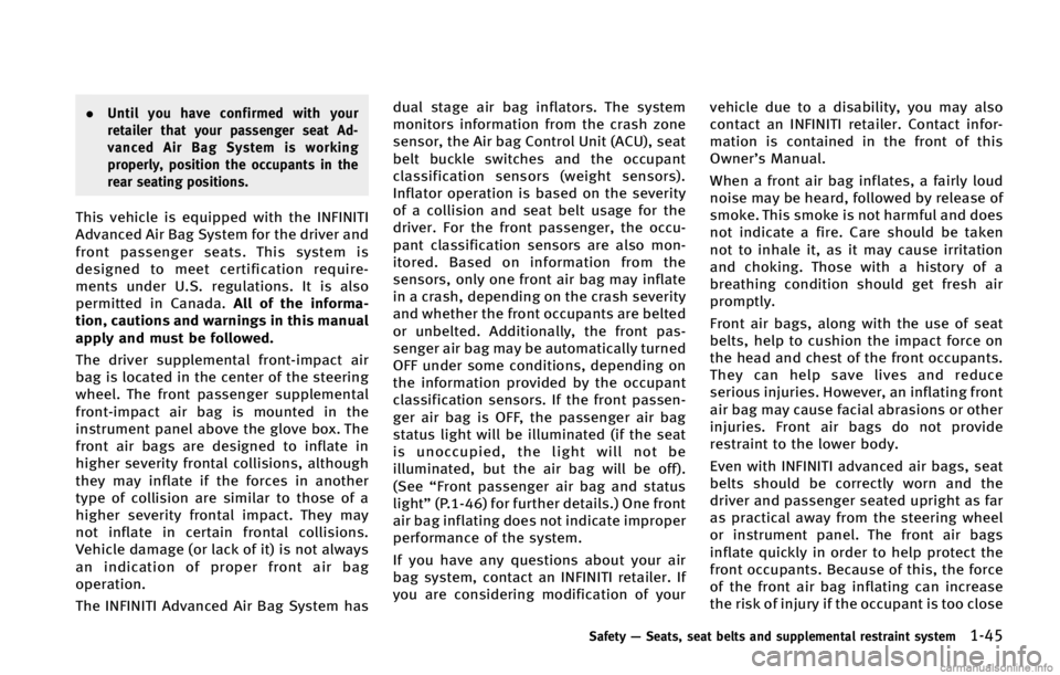 INFINITI Q50 HYBRID 2015  Owners Manual .�6�O�U�J�M �Z�P�V �I�B�W�F �D�P�O�G�J�S�N�F�E �X�J�U�I �Z�P�V�S
�S�F�U�B�J�M�F�S �U�I�B�U �Z�P�V�S �Q�B�T�T�F�O�H�F�S �T�F�B�U �"�E�
�W�B�O�D�F�E �"�J�S �#�B�H �4�Z�T�U�F�N �J�T �X�P�S�L�J�O�H
�Q�S�