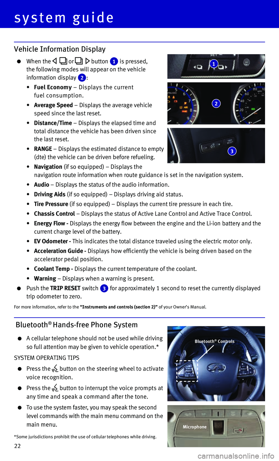 INFINITI Q50 HYBRID 2015  Quick Reference Guide 22
system guide
Vehicle Information Display
    When  the  or  button  1  is pressed, 
the following modes will appear on the vehicle 
information display  2 :
  •   Fuel Economy – Displays the cu