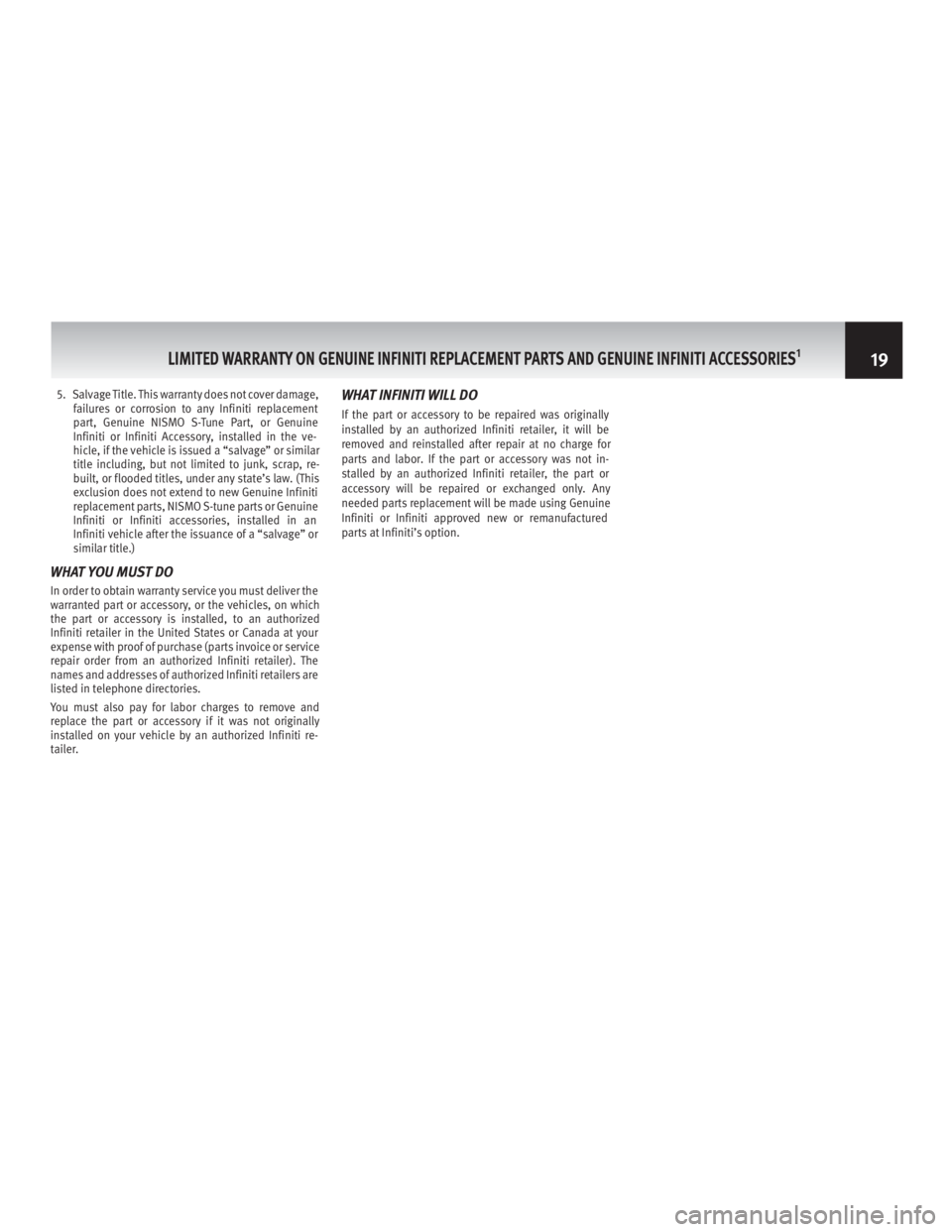 INFINITI Q50 HYBRID 2016  Warranty Information Booklet 5. Salvage Title. This warranty does not cover damage,failures or corrosion to any Infiniti replacement
part, Genuine NISMO S-Tune Part, or Genuine
Infiniti or Infiniti Accessory, installed in the ve-