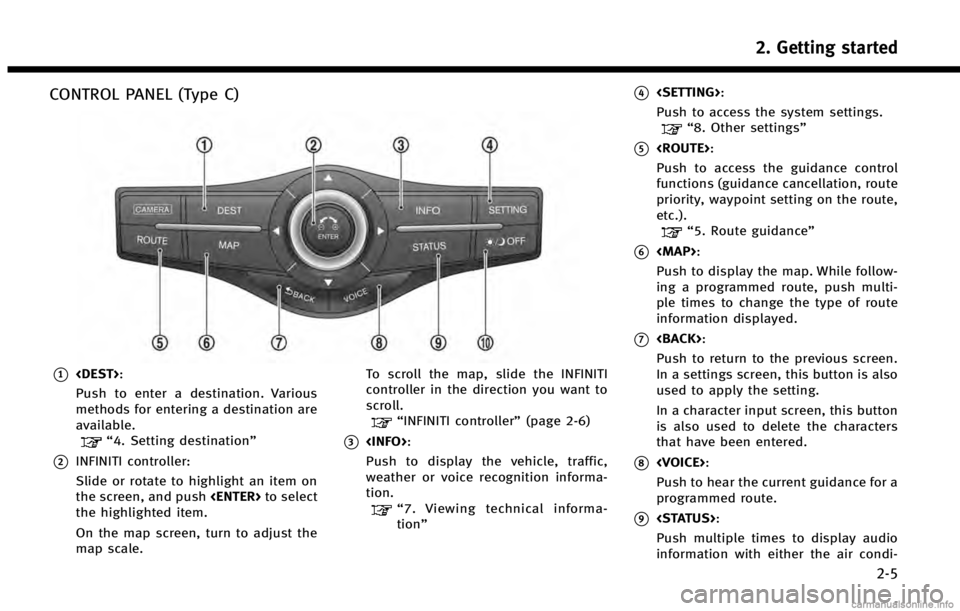 INFINITI QX60 HYBRID 2014  Navigation Manual CONTROL PANEL (Type C)
*1<DEST>:
Push to enter a destination. Various
methods for entering a destination are
available.
“4. Setting destination”
*2INFINITI controller:
Slide or rotate to highlight