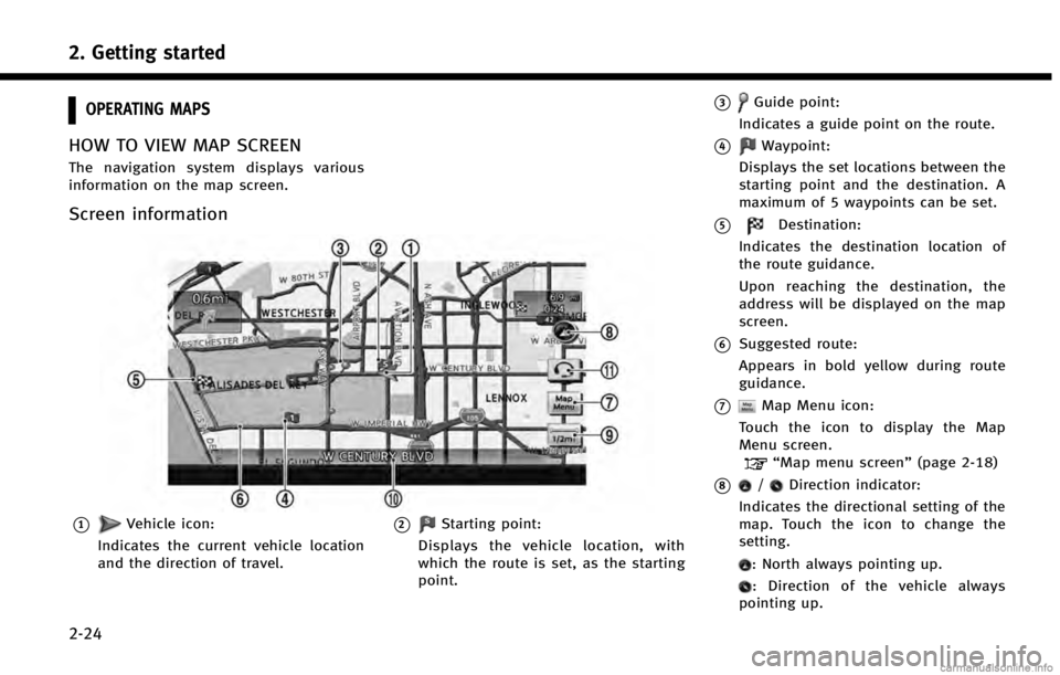 INFINITI QX60 HYBRID 2014  Navigation Manual 2. Getting started
2-24
OPERATING MAPS
HOW TO VIEW MAP SCREEN
The navigation system displays various
information on the map screen.
Screen information
*1Vehicle icon:
Indicates the current vehicle loc